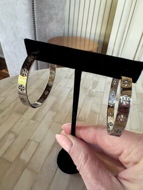 Tory Burch Logo Silver Hoop Earrings